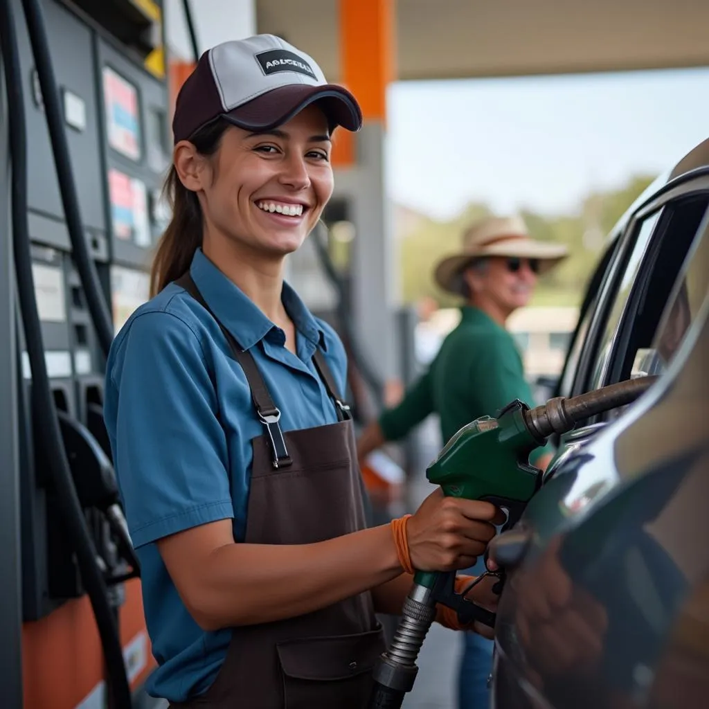 Personal de estación de servicio atendiendo a un cliente